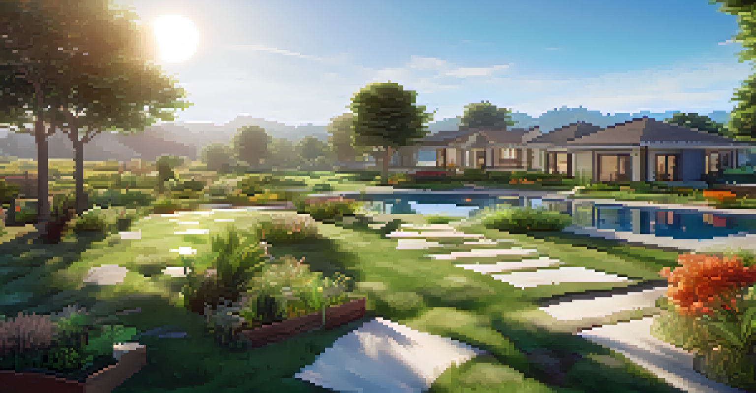 A serene virtual real estate landscape with digital plots of land and homes, illuminated by gentle sunlight.