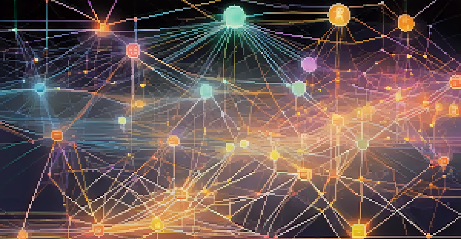 An abstract illustration of interconnected blockchains with glowing lines and data streams, representing smart contracts and oracles in decentralized finance.