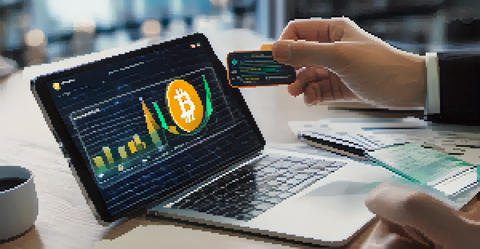 A close-up of a hand holding a smartphone with a blockchain application interface, surrounded by financial documents and a laptop.