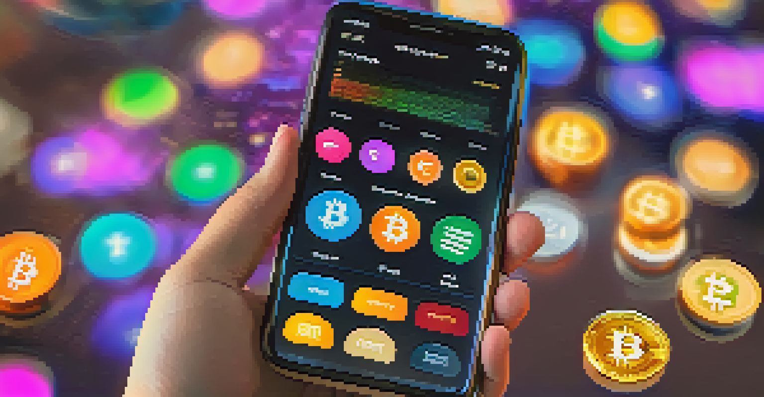 A close-up of a hand holding a smartphone with a cryptocurrency wallet interface, highlighting vibrant digital coins on the screen.