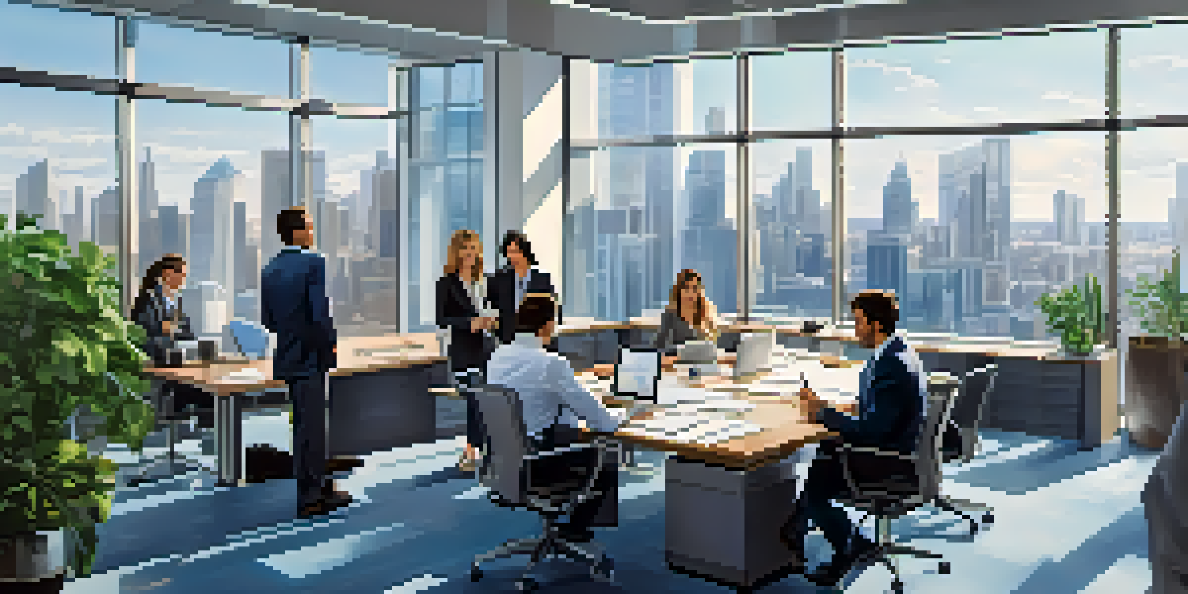 A diverse team of professionals in a modern office discussing regulations around a conference table with city skyline visible through large windows.