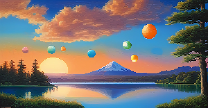A peaceful landscape showing colorful digital tokens floating above a calm lake during sunset, with lush greenery and mountains in the background.