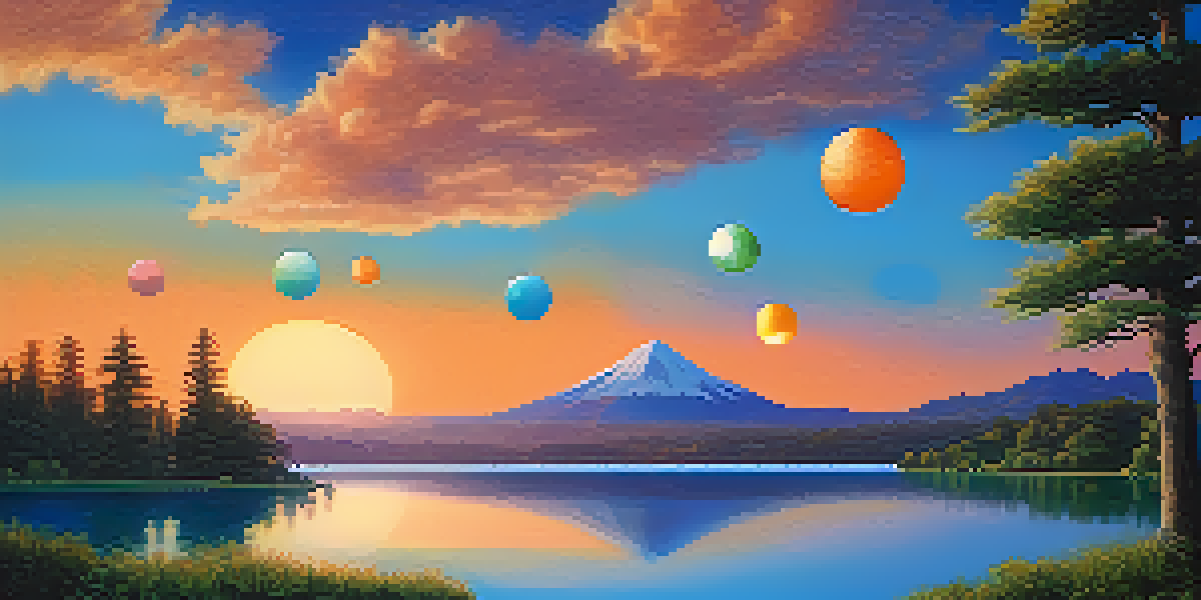 A peaceful landscape showing colorful digital tokens floating above a calm lake during sunset, with lush greenery and mountains in the background.