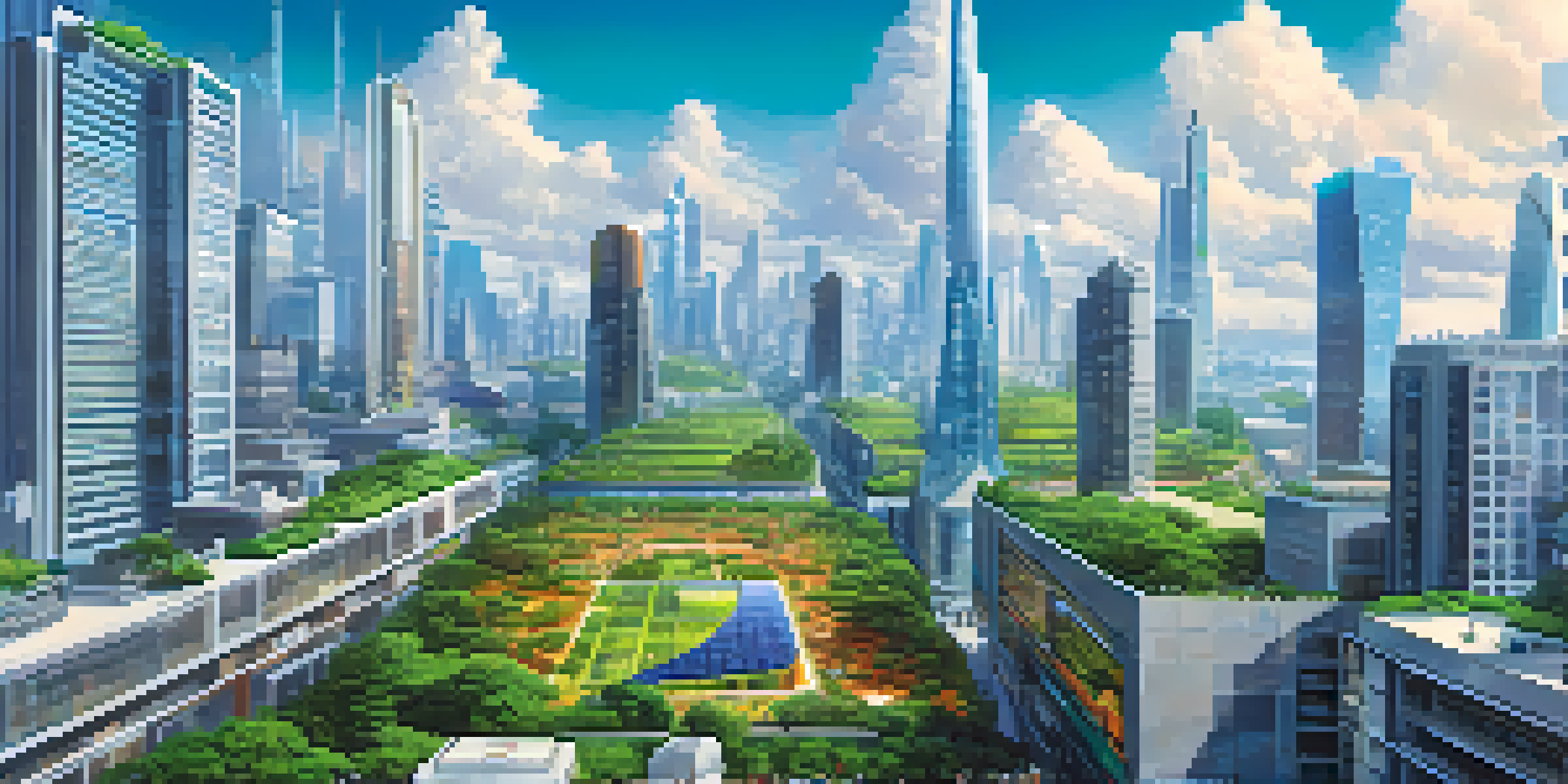 A colorful city skyline representing Ethereum 2.0, featuring green architecture and digital displays, with people interacting with technology.