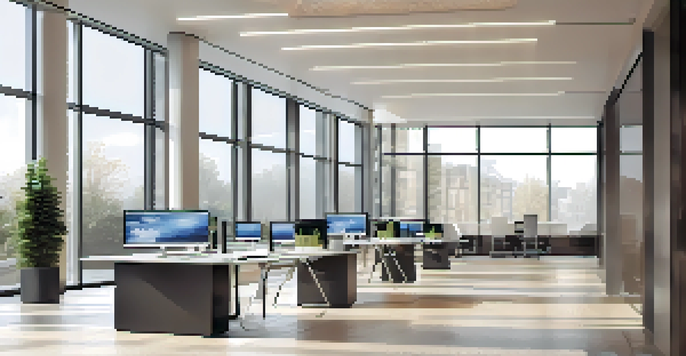 A contemporary real estate office featuring large glass windows and a digital screen showing a decentralized application interface, with a sleek interior and warm natural light.