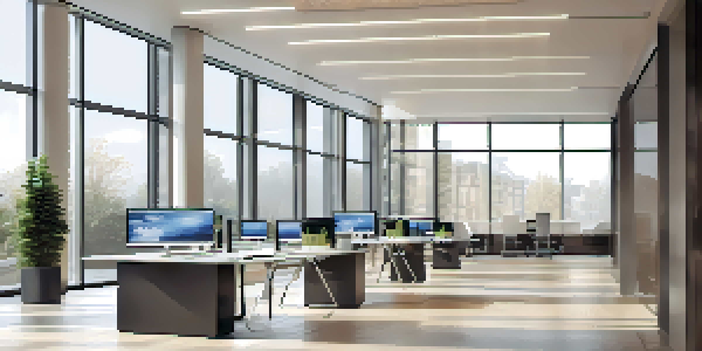 A contemporary real estate office featuring large glass windows and a digital screen showing a decentralized application interface, with a sleek interior and warm natural light.