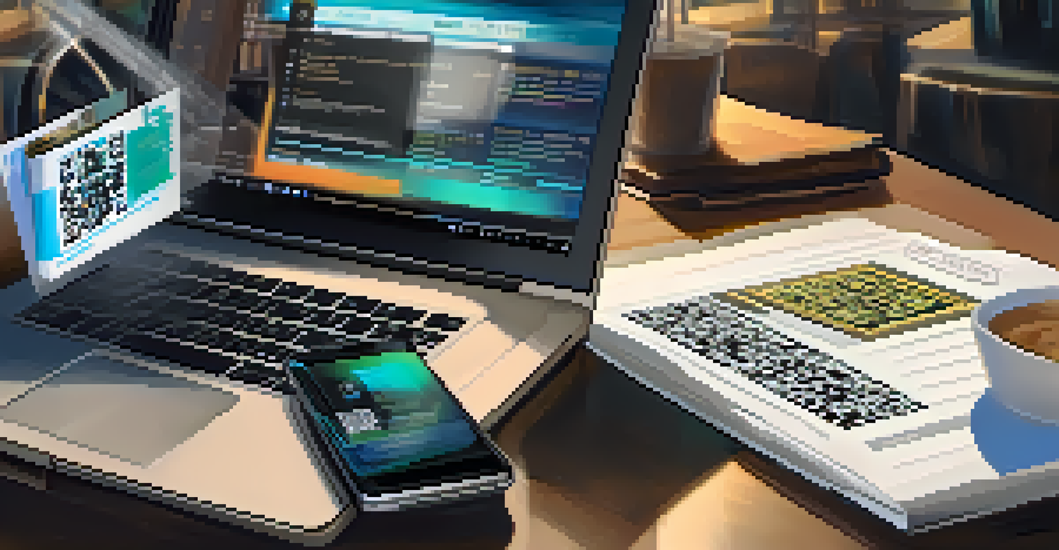 An open laptop showing an Ethereum wallet interface and a hand holding a smartphone displaying a QR code, set in a tech-savvy workspace.
