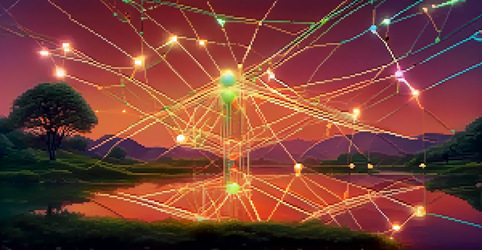 A digital landscape showing interconnected nodes representing a decentralized data network, with a warm twilight sky.