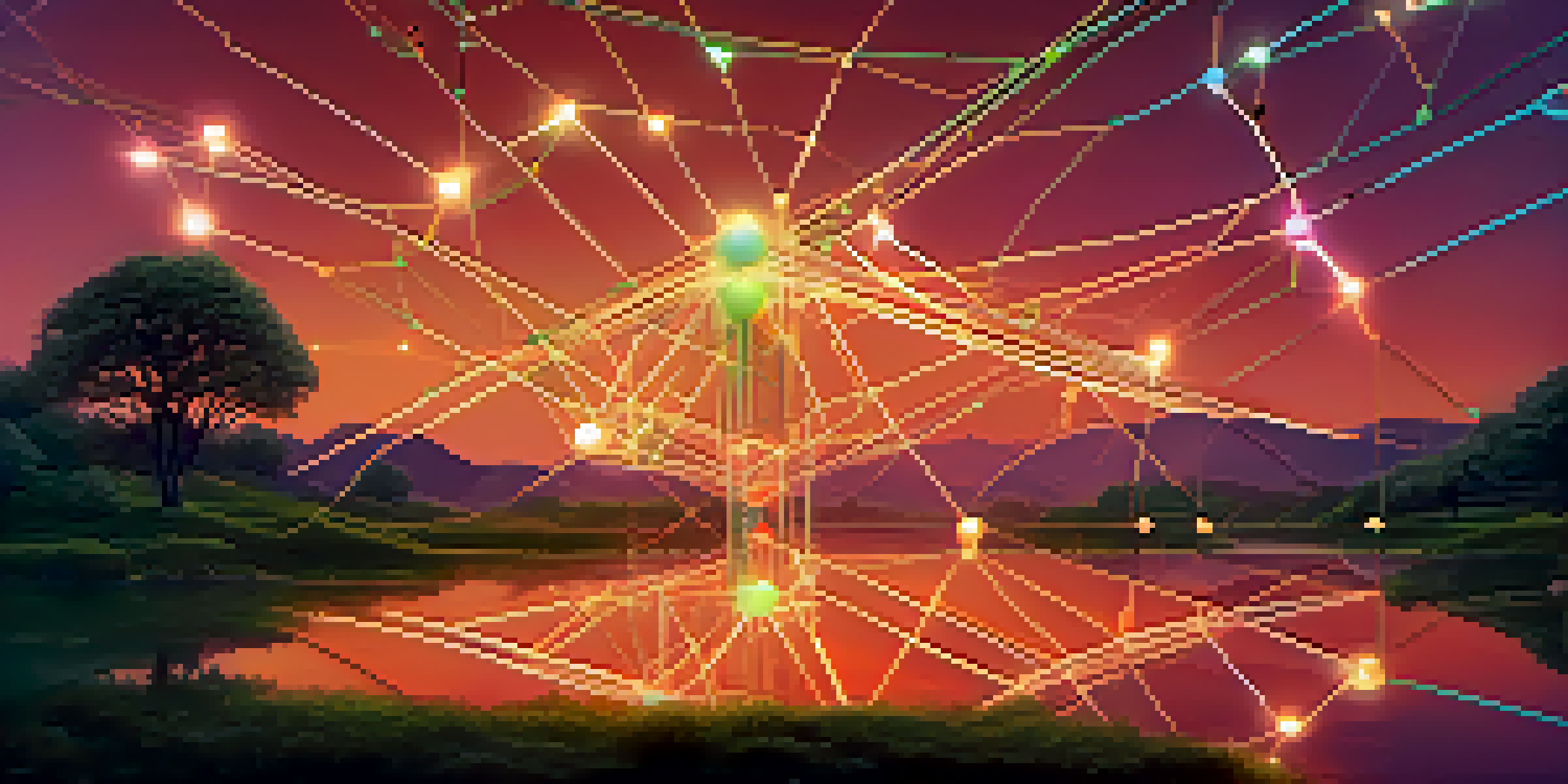 A digital landscape showing interconnected nodes representing a decentralized data network, with a warm twilight sky.