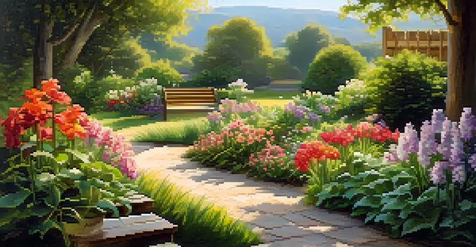 A tranquil garden filled with blooming flowers, a wooden bench, and a gentle stream under soft sunlight.