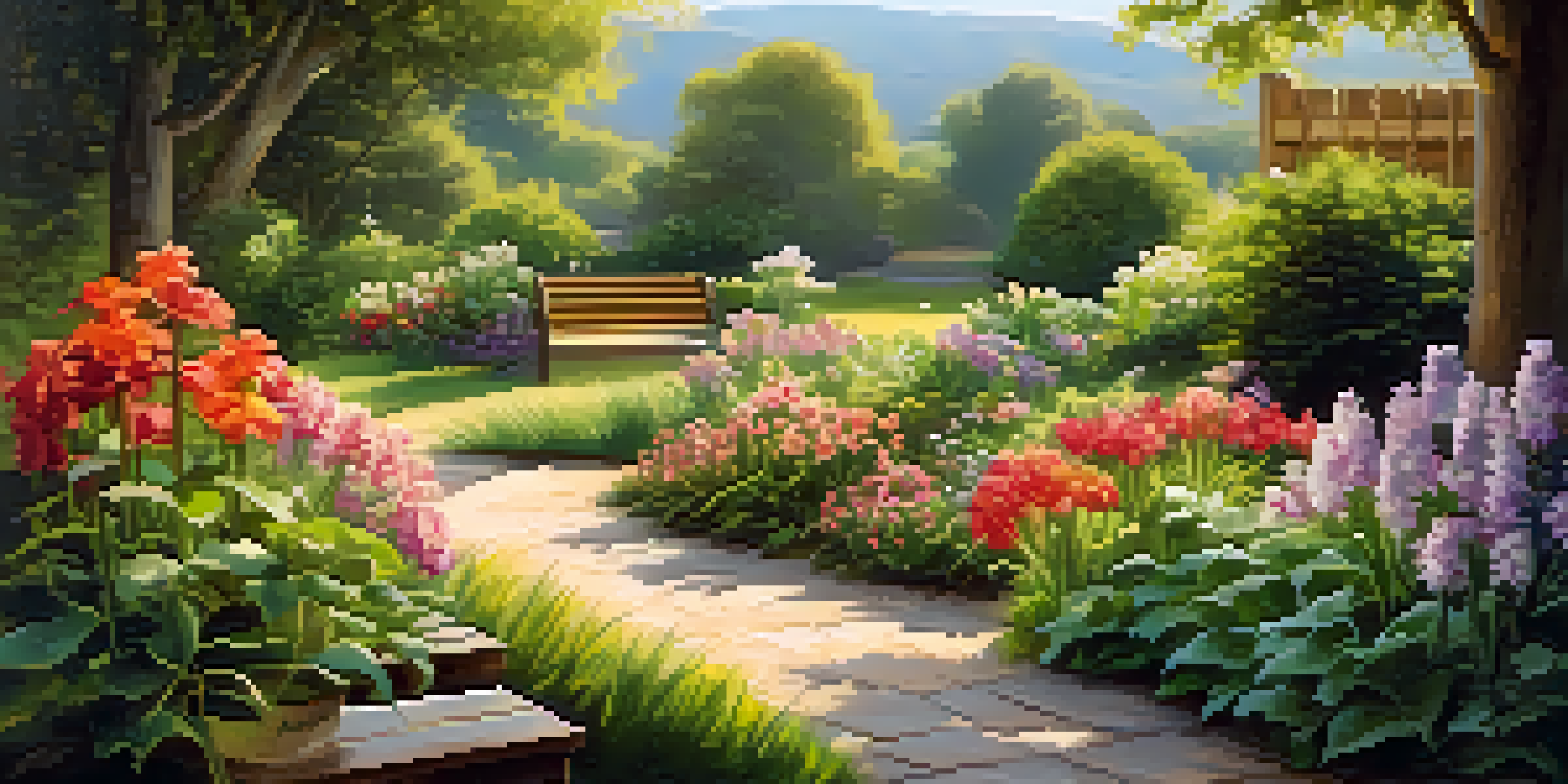 A tranquil garden filled with blooming flowers, a wooden bench, and a gentle stream under soft sunlight.