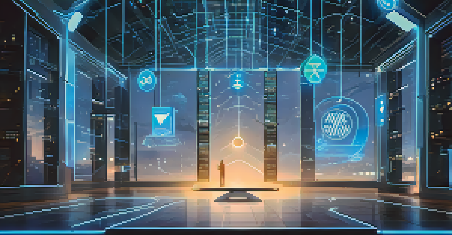 A digital landscape with smart contract icons and a shield symbol representing security, illuminated by cool blue light.