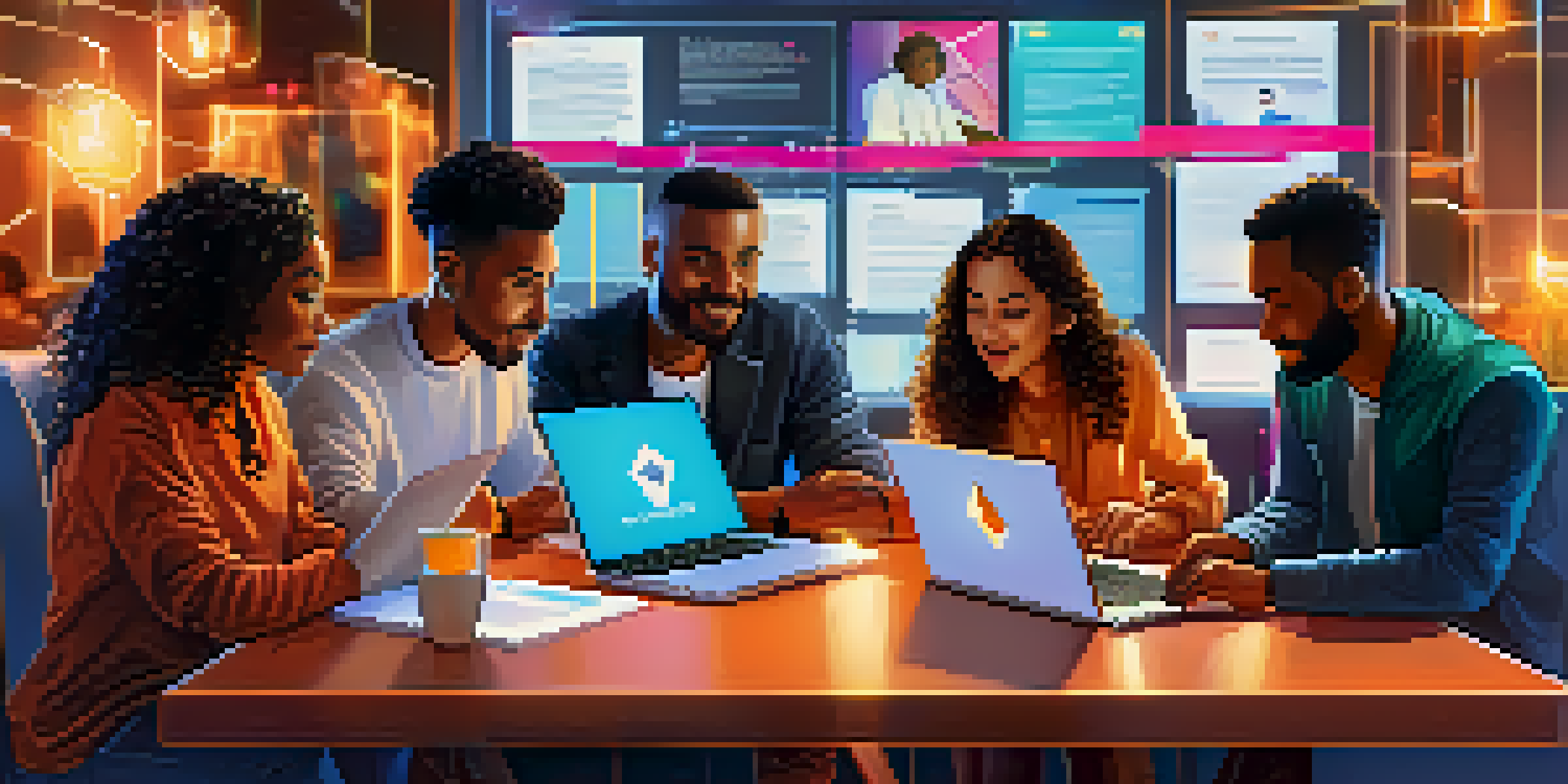 A diverse group of individuals discussing blockchain technology around a table with laptops and documents.