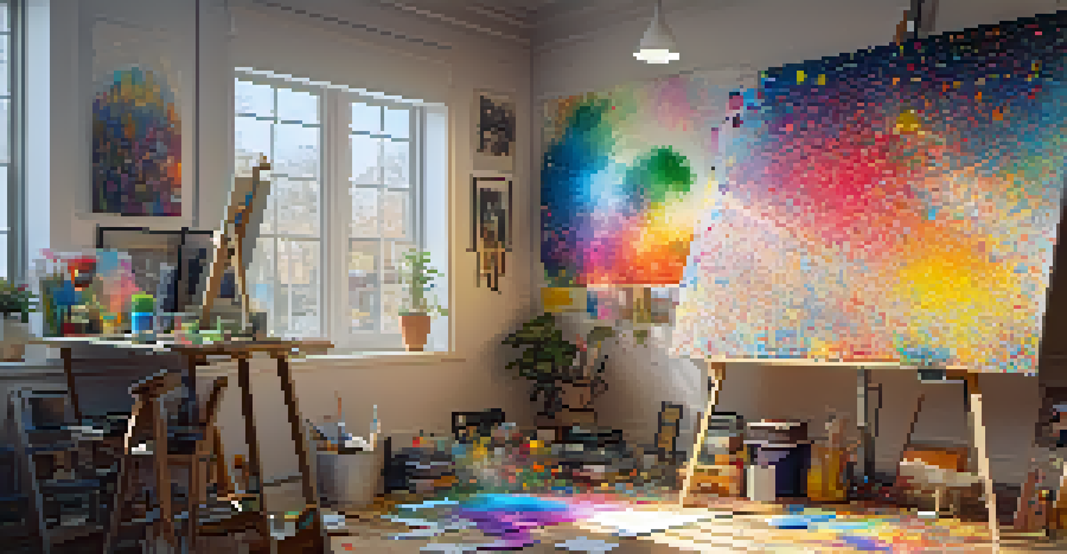 An artist's studio with a bright digital artwork on canvas, floating tokens around it, and colorful paint splashes on the floor.