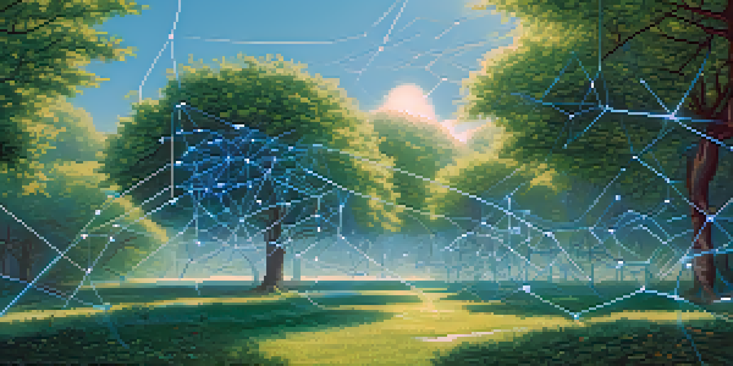 A tranquil scene showing a blockchain network with glowing nodes and lines amidst a lush green landscape and blue sky.