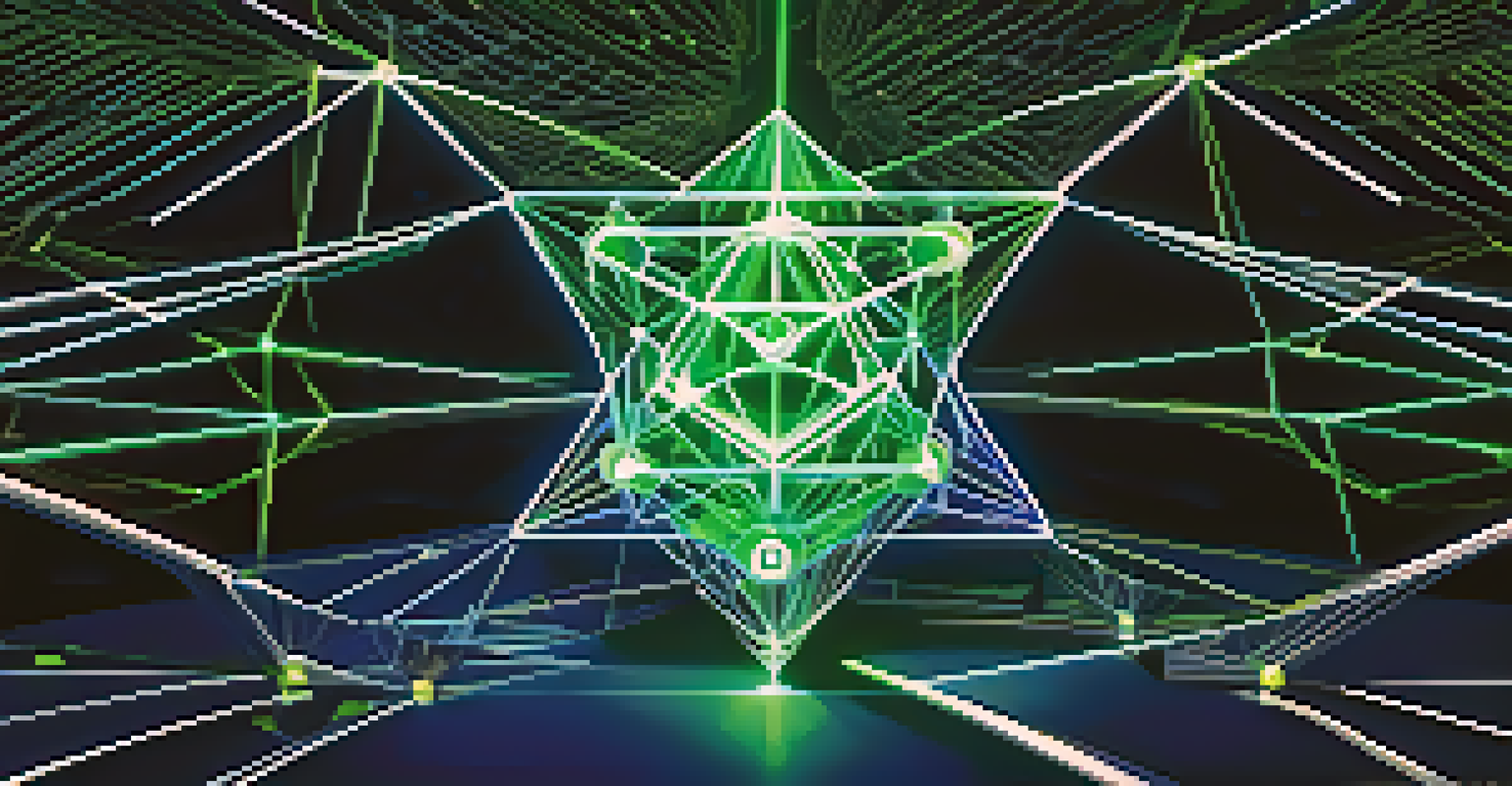 An abstract depiction of Ethereum's blockchain technology with glowing interconnected nodes in blue and green on a dark background.