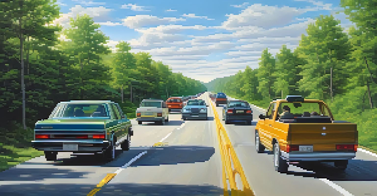A peaceful nature scene with a busy multi-lane highway surrounded by greenery, under a bright sunny sky.