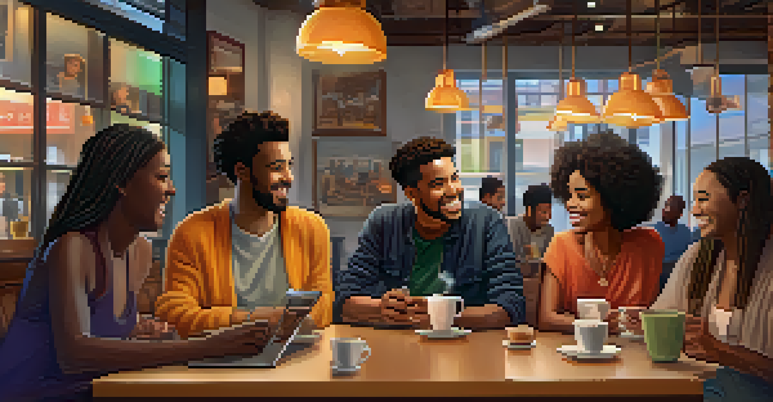 A diverse group of people in a coffee shop discussing social tokens with laptops and smartphones on the table.