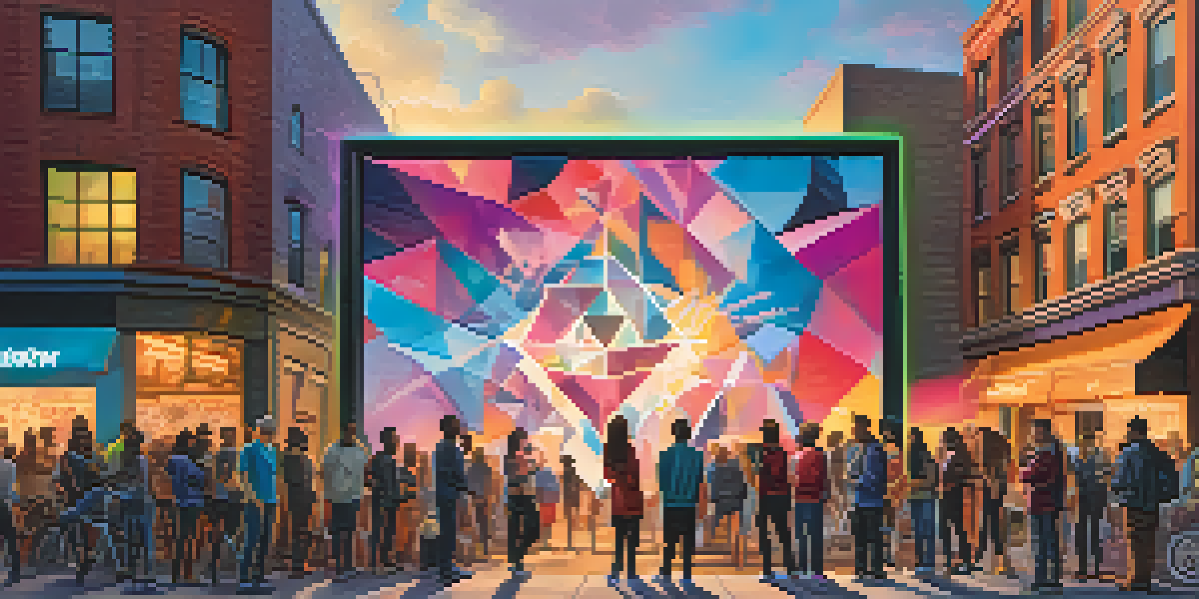 A group of diverse people working together in an urban area with an Ethereum-themed digital display and colorful street art in the background.
