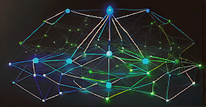 A digital representation of the Ethereum network showing interconnected nodes with blue and green lines on a dark background.
