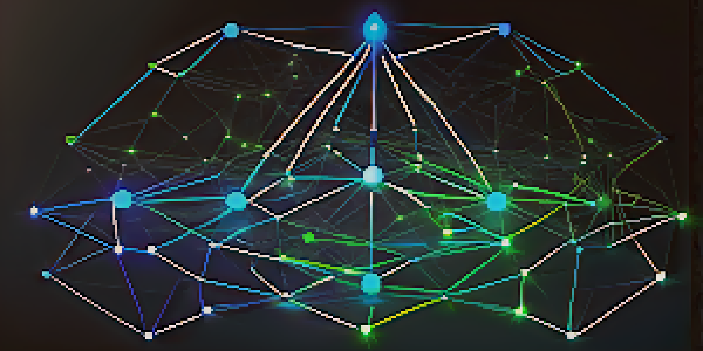 A digital representation of the Ethereum network showing interconnected nodes with blue and green lines on a dark background.