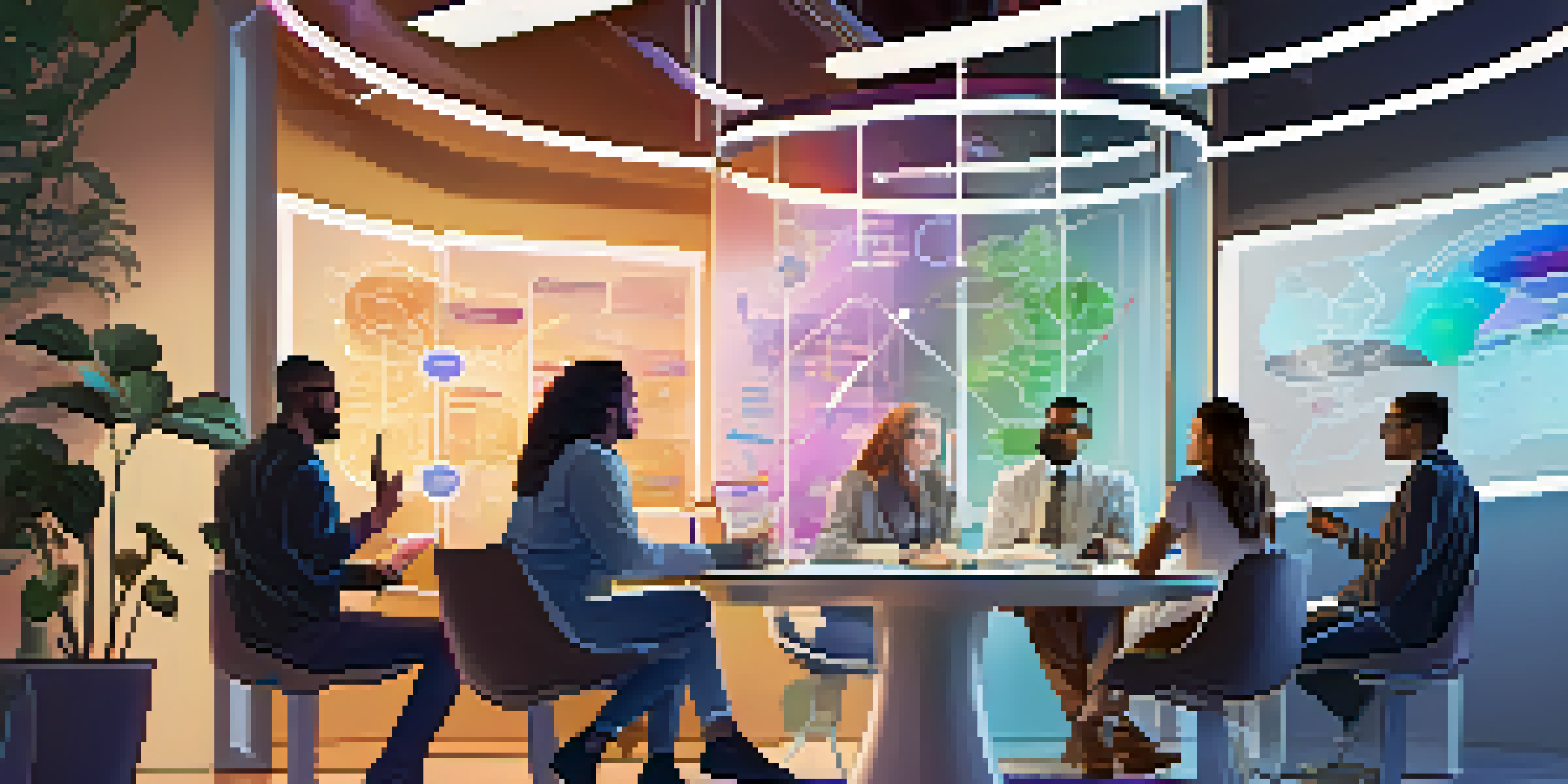 A diverse group of people engaged in a collaborative discussion around a futuristic table, with holographic interfaces displaying graphs and charts in a modern workspace.