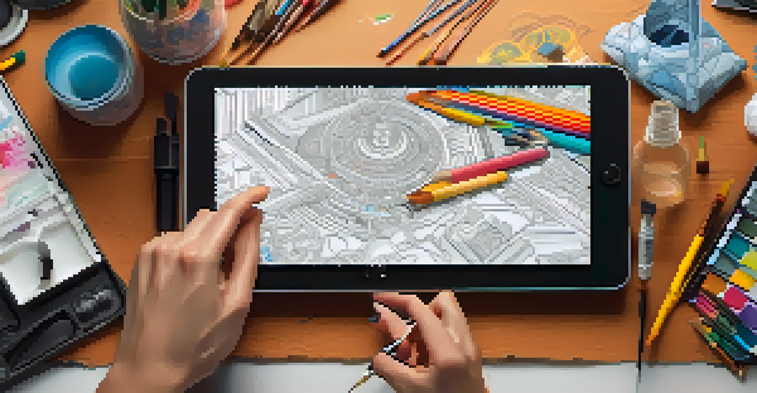 A close-up of hands drawing on a tablet, with a colorful NFT design visible on the screen.