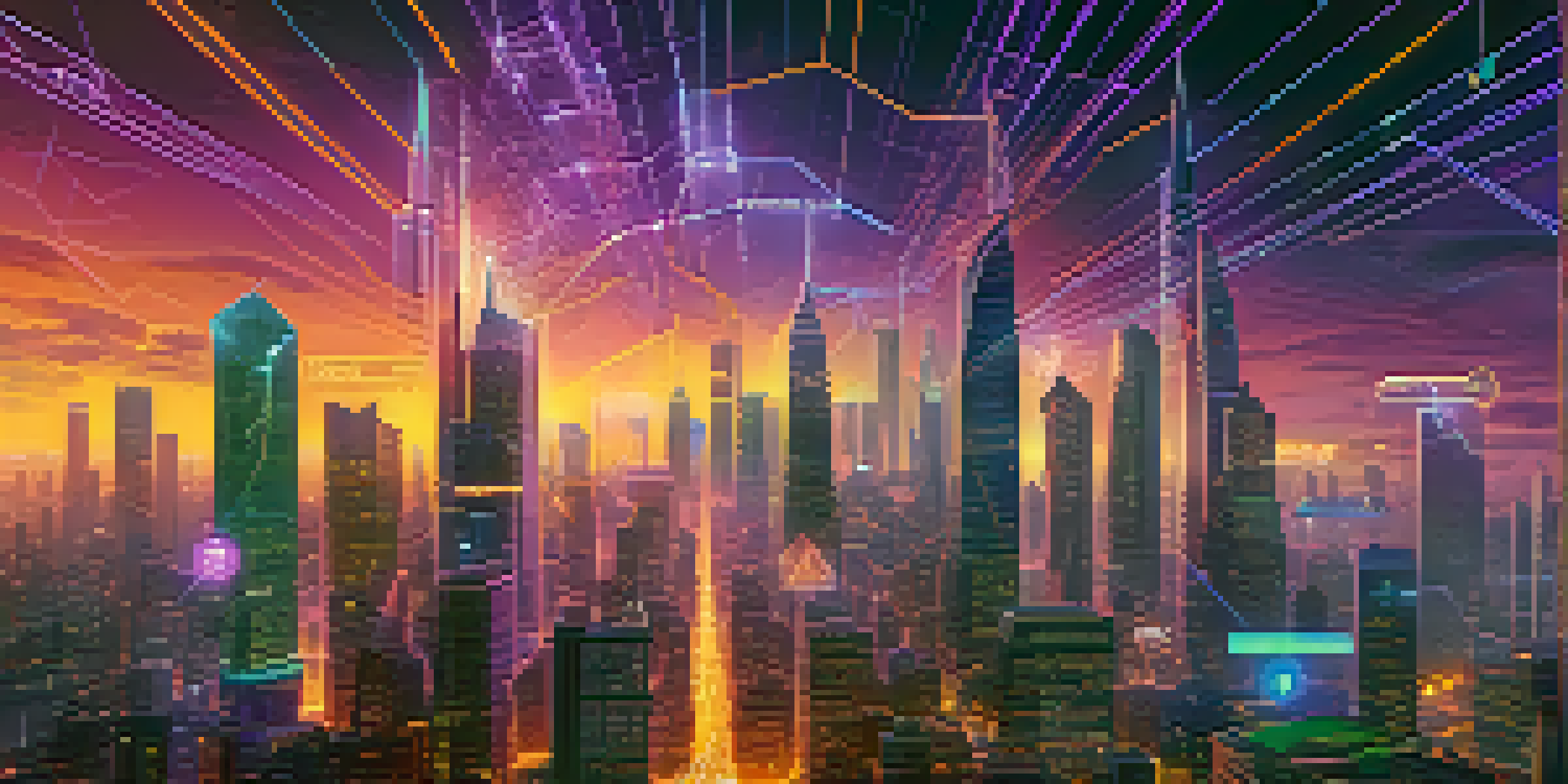 A cityscape with glowing nodes and lines representing blockchain networks at dusk, featuring skyscrapers and cryptocurrency symbols.