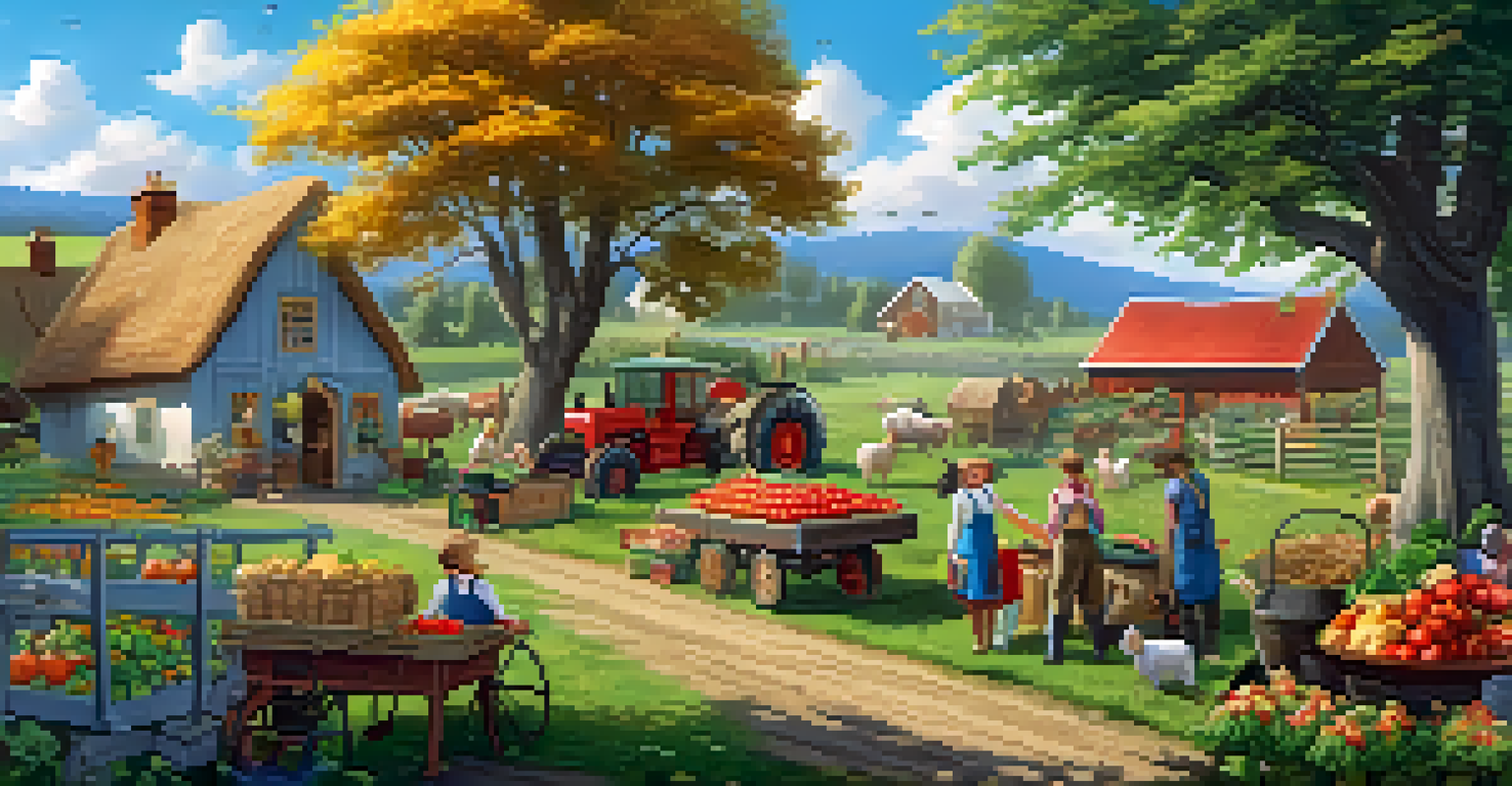A charming farming scene from My Neighbor Alice with crops, a cottage, and players interacting in a community setting under a clear blue sky.