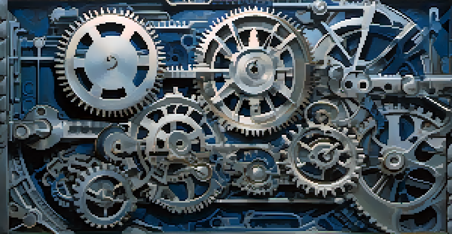 An abstract image showcasing interlocking gears and cogs representing the auditing process, set against a gradient background of deep blue and silver.