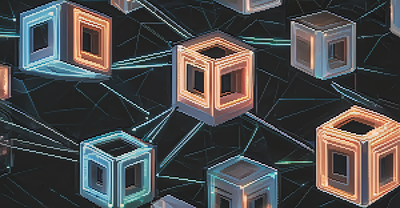 An abstract image depicting interconnected glowing blocks representing blockchain technology against a dark backdrop.