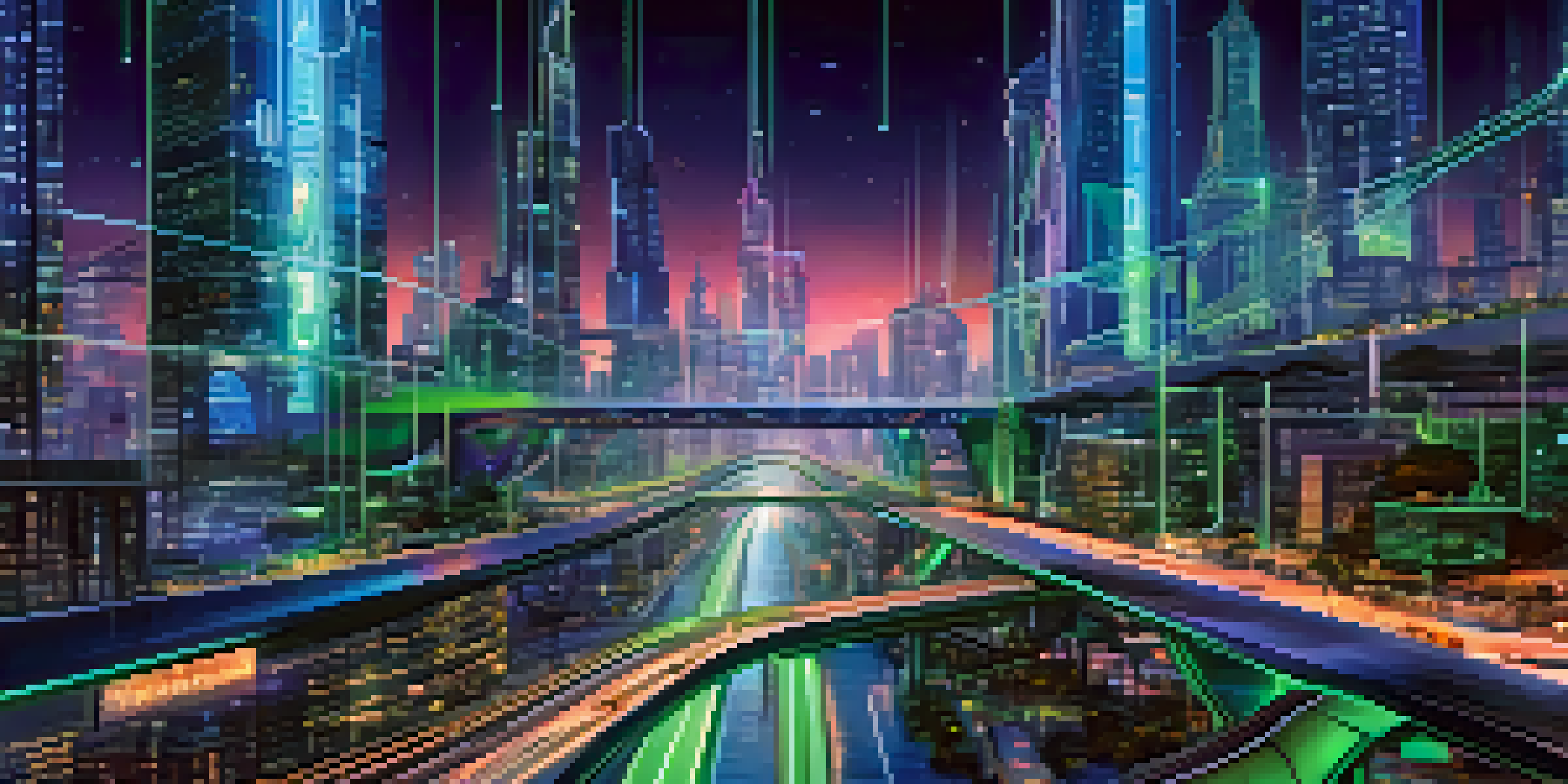 A vibrant futuristic city with glowing digital bridges connecting tall skyscrapers, illuminated by neon lights against a starry night sky.