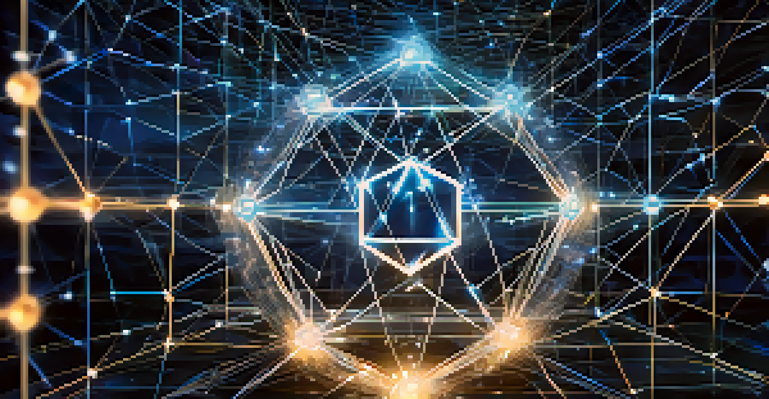 An artistic depiction of a blockchain network with interconnected nodes and glowing Ethereum symbols against a blue futuristic background.