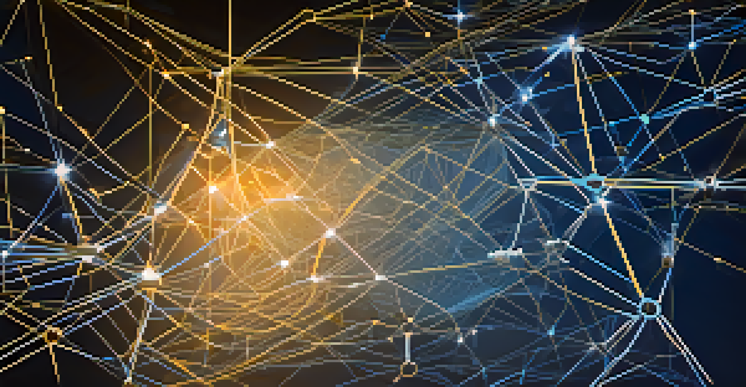 A futuristic depiction of a blockchain network with glowing nodes and circuit patterns in the background.