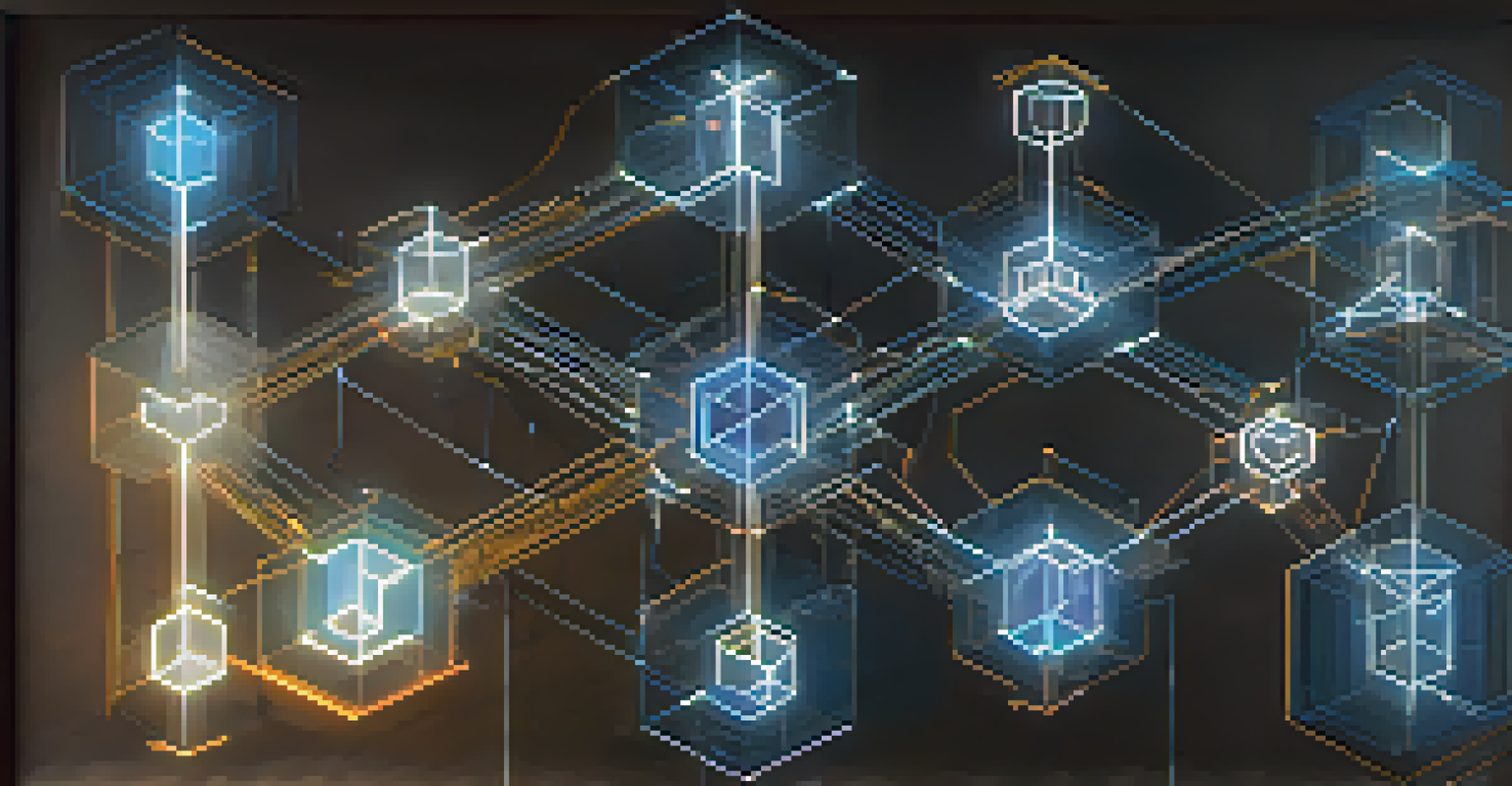 An abstract visualization of a decentralized organization with interconnected nodes and glowing blockchain symbols, representing collaboration and transparency.
