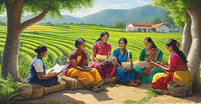 A group of women in a green rural setting, collaborating on a business project while using smartphones.