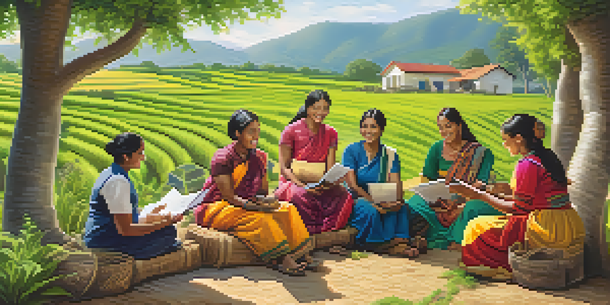 A group of women in a green rural setting, collaborating on a business project while using smartphones.