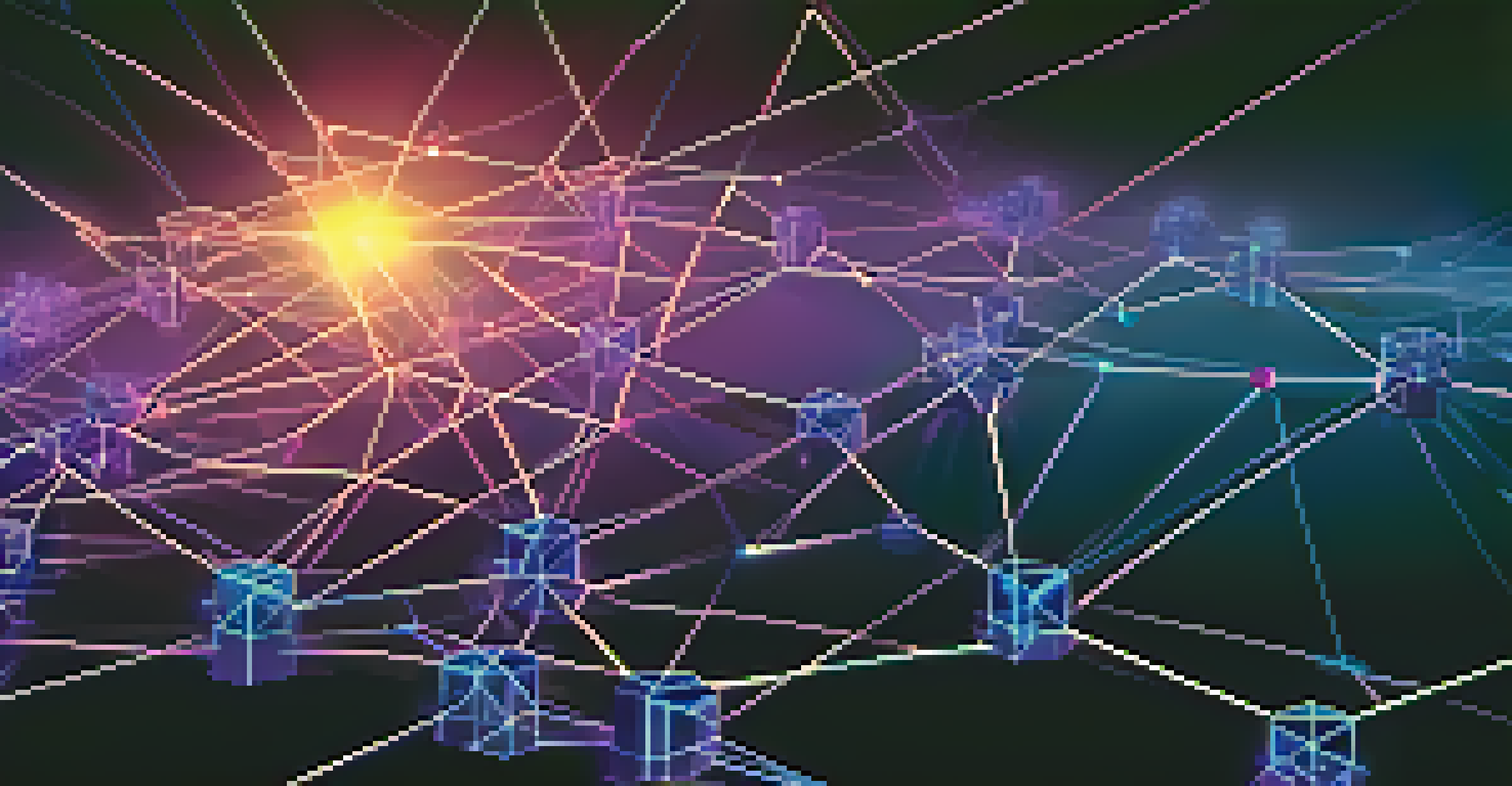 An illustration of a blockchain network with interconnected nodes, set against a gradient blue and purple background.