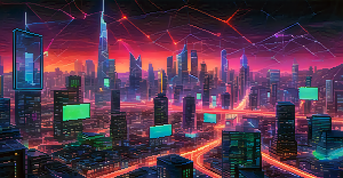 A futuristic cityscape with interconnected blockchain networks, illuminated by neon lights under a twilight sky.