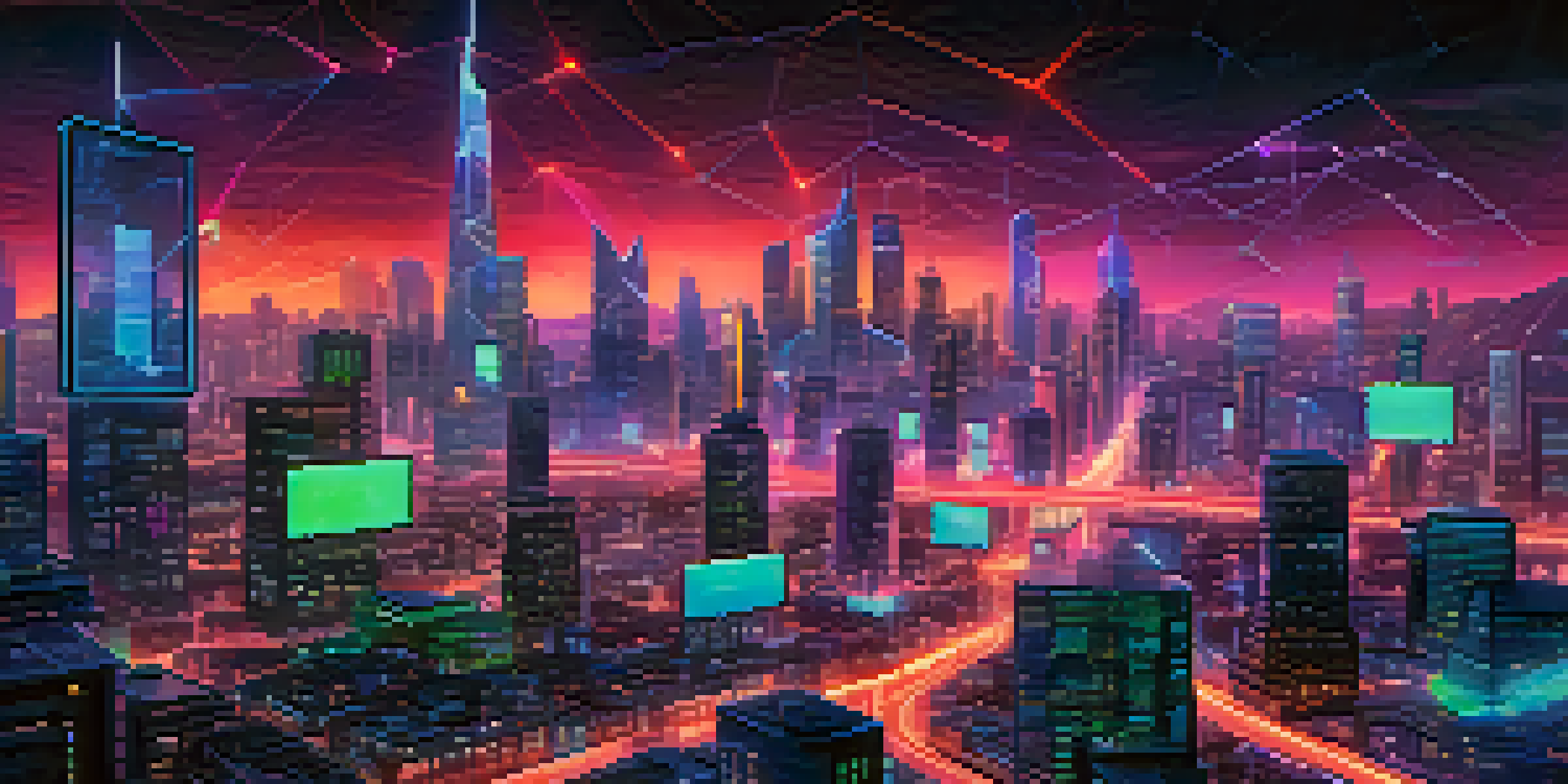 A futuristic cityscape with interconnected blockchain networks, illuminated by neon lights under a twilight sky.