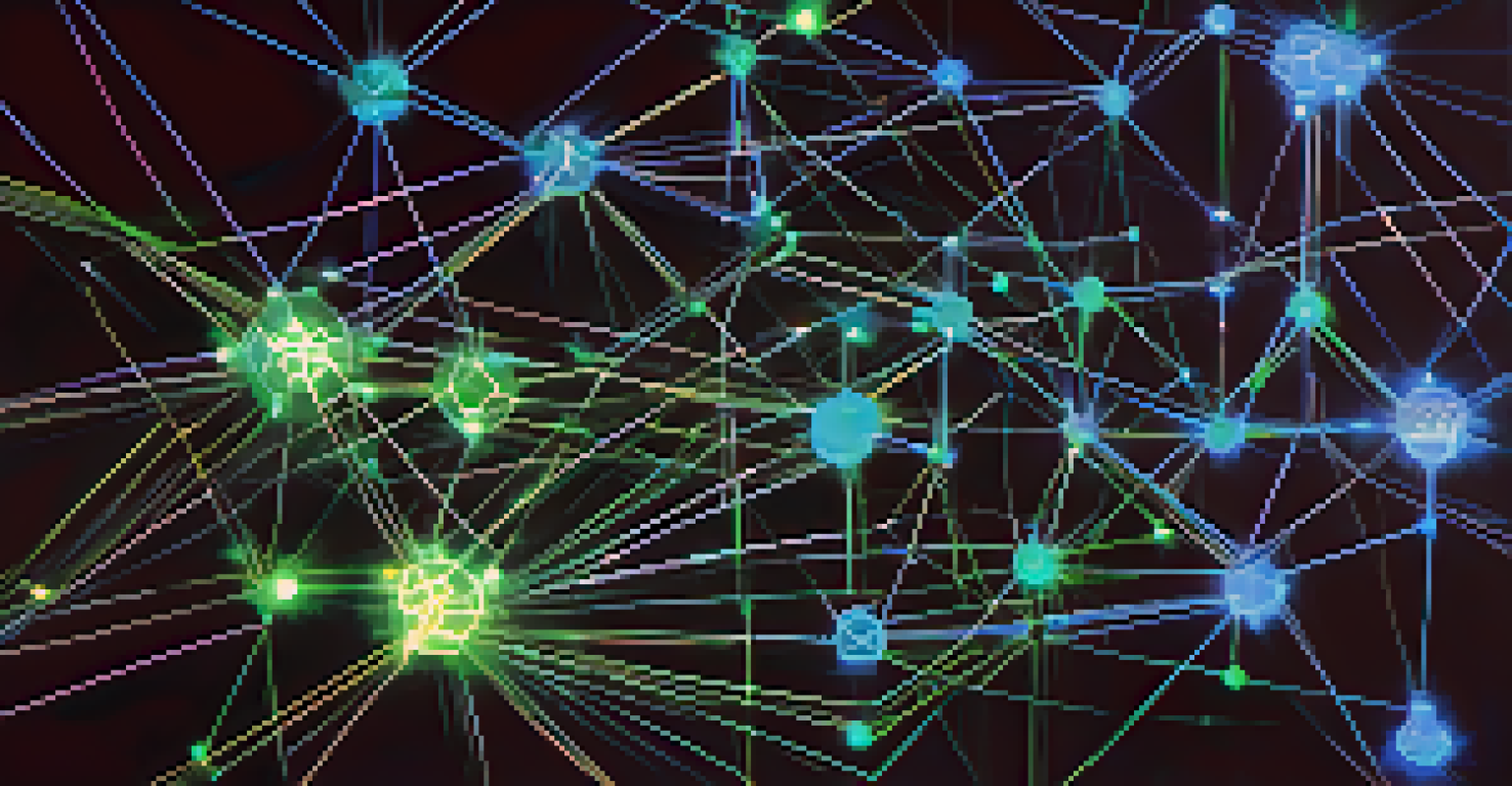 An abstract image of glowing blockchain nodes interconnected in blue and green, representing decentralized finance.