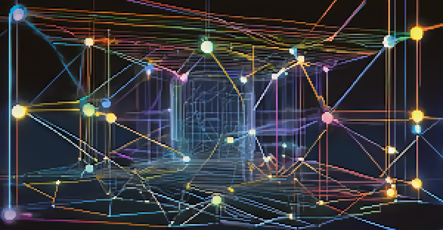 A colorful visualization of a blockchain network with interconnected nodes on a dark blue background.