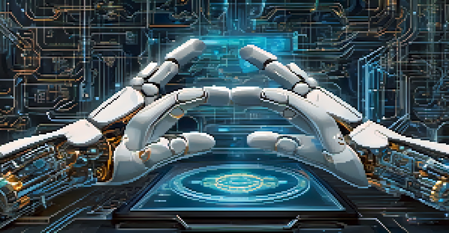 An abstract image of robotic hands interacting with digital contracts on a holographic interface, symbolizing automation in smart contract audits.