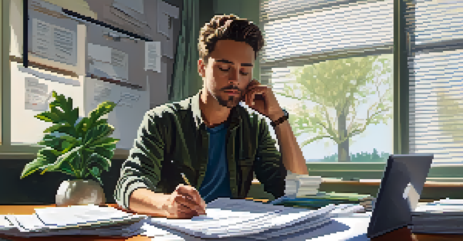 A person contemplating legal implications of DAOs at a desk filled with documents and digital devices.