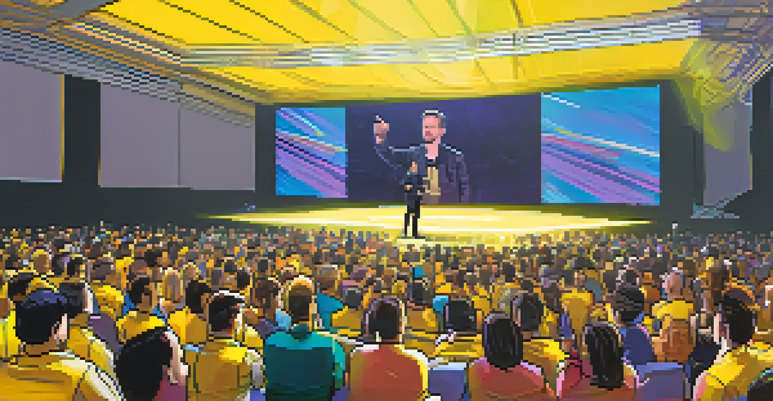 Gavin Wood presenting at a tech conference about the Ethereum Yellow Paper with a captivated audience and colorful stage lights.