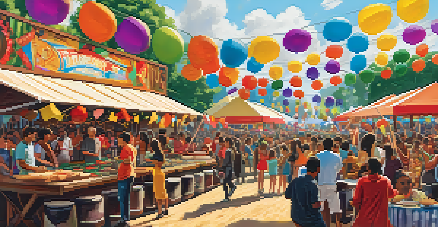 A lively outdoor festival featuring artists and musicians, with a vibrant crowd and colorful decorations.