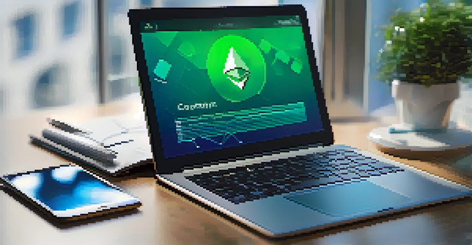 A digital tablet showing a smart contract interface with the Ethereum logo, set in a modern office environment.