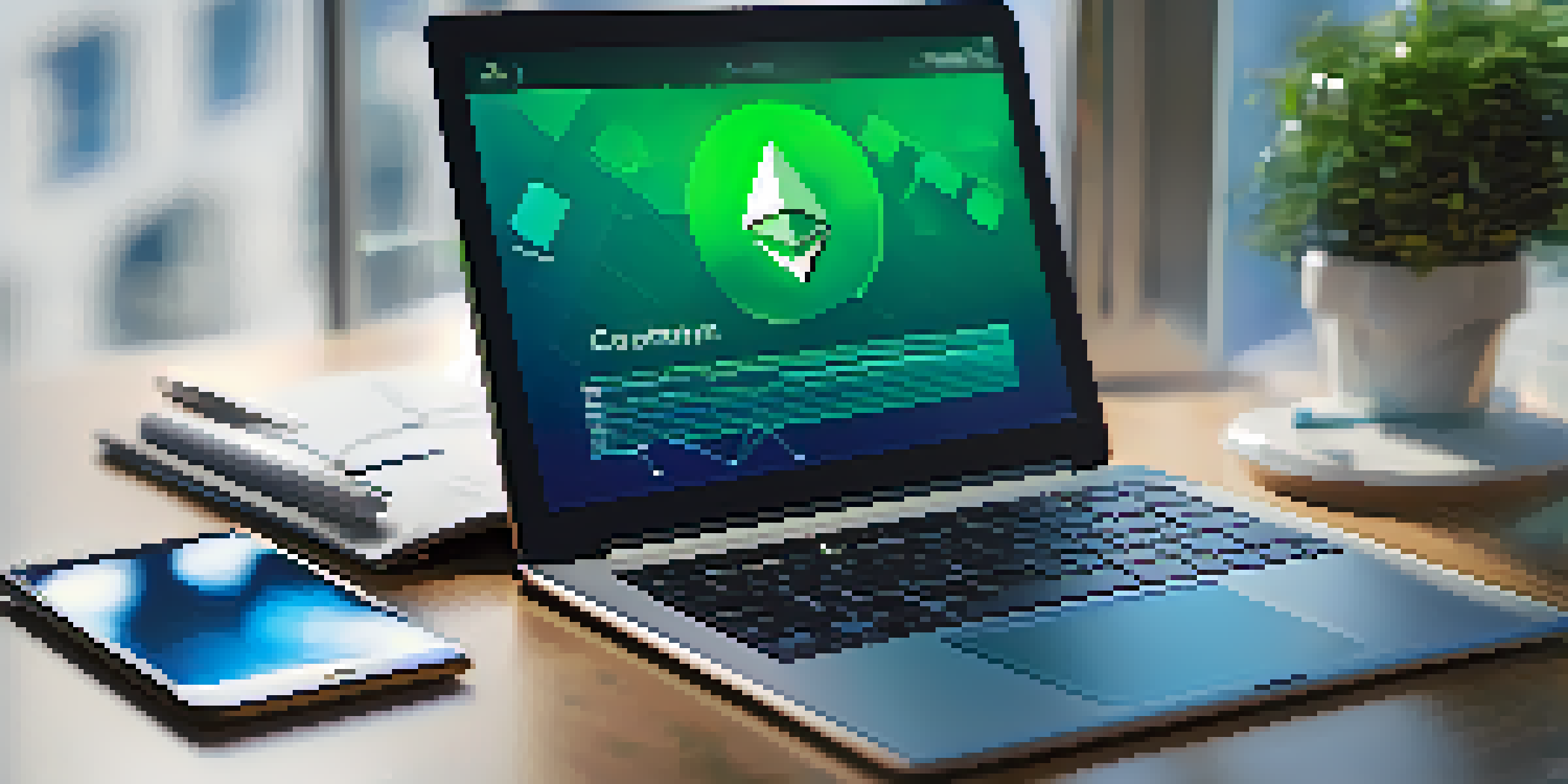 A digital tablet showing a smart contract interface with the Ethereum logo, set in a modern office environment.