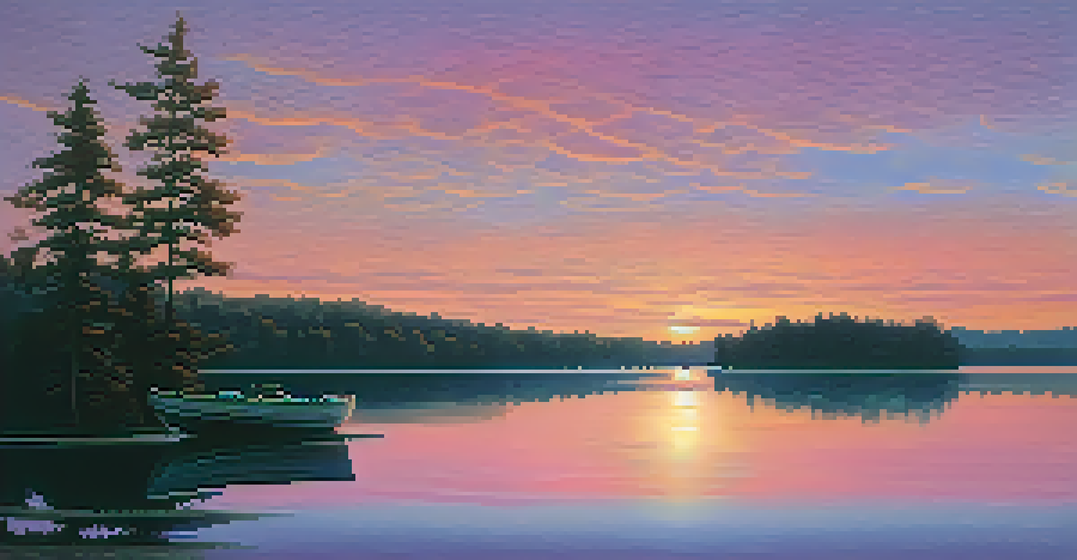 A tranquil sunset over a lake with silhouetted trees and a wooden boat.
