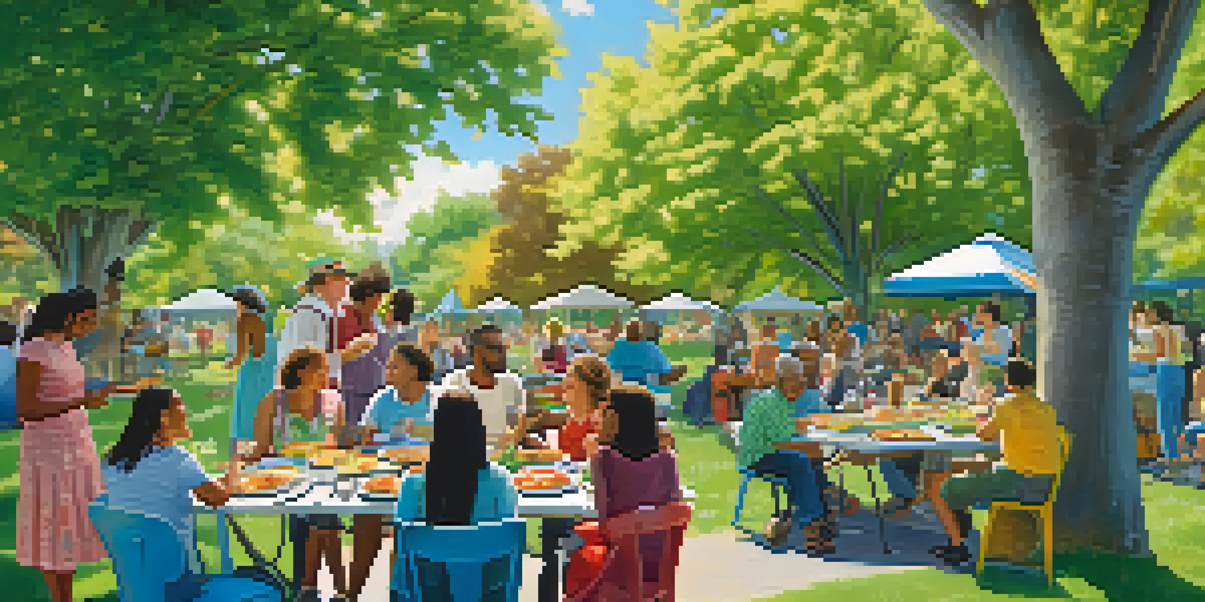 A vibrant community potluck in a sunny park, with diverse individuals sharing food and enjoying each other's company.